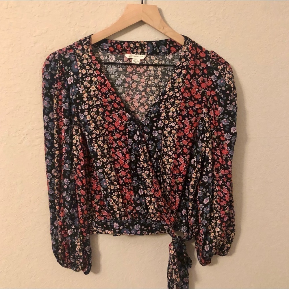 American eagle floral balloon long sleeve blouse w tie and clasp nwot size s - Picture 1 of 5